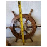 Lot of Nautical Lake Décor, Pully with Rope Small Sips Wheel, Bear Holding Fish and Antique Basket