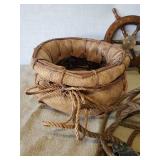 Lot of Nautical Lake Décor, Pully with Rope Small Sips Wheel, Bear Holding Fish and Antique Basket