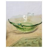 Beautiful Green Glass Plates and Bowl with unique design, Sterling Silver Salt and Pepper Shaker and Vintage Tuperware