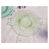 Beautiful Green Glass Plates and Bowl with unique design, Sterling Silver Salt and Pepper Shaker and Vintage Tuperware