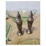 Beautiful Green Glass Plates and Bowl with unique design, Sterling Silver Salt and Pepper Shaker and Vintage Tuperware