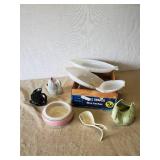 Vintage Lot of Décor Milk Glass Fish Glasbake, USA 7001, and Others with Vintage Fruit Crate