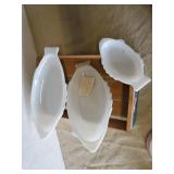 Vintage Lot of Décor Milk Glass Fish Glasbake, USA 7001, and Others with Vintage Fruit Crate