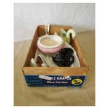 Vintage Lot of Décor Milk Glass Fish Glasbake, USA 7001, and Others with Vintage Fruit Crate