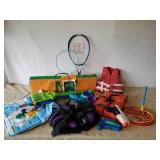 Kids Lot of Life Vests, Volleyball Set, Giant Bubble making Items and more with Tub