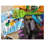 Kids Lot of Life Vests, Volleyball Set, Giant Bubble making Items and more with Tub