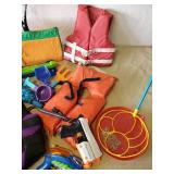 Kids Lot of Life Vests, Volleyball Set, Giant Bubble making Items and more with Tub