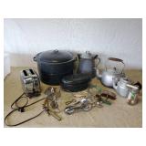 Lot of Misc Vintage Kitchen Items.  LARGE Enamelware Bath Canner, Roasting Pan, Coffee Pots and much more