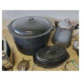 Lot of Misc Vintage Kitchen Items.  LARGE Enamelware Bath Canner, Roasting Pan, Coffee Pots and much more