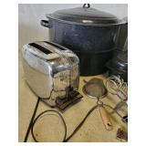 Lot of Misc Vintage Kitchen Items.  LARGE Enamelware Bath Canner, Roasting Pan, Coffee Pots and much more