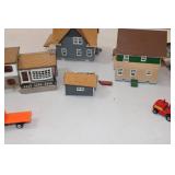 Bin of HO Buildings - Lumberyard, Houses and vehicles