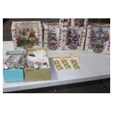 Bin of Sugar N Spice Christmas Decorations Gingerbread Palace Covered Bridge Lights and Figures