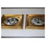 2 Victorian Era Paintings on Silk with Gilded Bubble Glass Frame