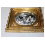 2 Victorian Era Paintings on Silk with Gilded Bubble Glass Frame