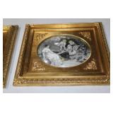 2 Victorian Era Paintings on Silk with Gilded Bubble Glass Frame