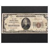 1929 Brown Seal $20 Dollar National Currency Cincinnati, Ohio Low Serial