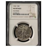 1943 Walking Liberty Half Dollar NGC AU Details Cleaned