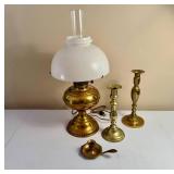 Vintage "Kerosene" Style Brass Lamp and Candlesticks