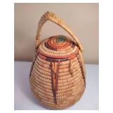 Native American Hand-Woven Basket with Lid and Handle