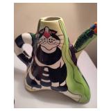 Lynda Corneille Signed "Black White Strip Cat" Art Tea Pot
