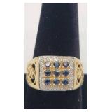 Gorgeous 10k Yellow Gold Ring w/ Sapphires and Diamonds - Large Size 10.75