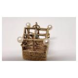 Antique14k Stamped Birdcage Music Box Pendant with Sapphire, Ruby and Pearl Accents - Approx 1" Square - 23.24g