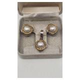 Vintage White and Yellow 14k (Marked 585) Gold and Pearl Set with Earrings and Pendant - 24.31g
