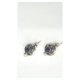 Beautiful Vintage Sterling Silver and Amethyst Cabochon Drop Earrings
