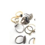 19 Vintage Gold and Silver Rings - Untested, Some Marked, Emerald and Diamond - 68.22g