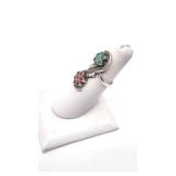 Antique Native American Navajo Sterling Ring with Inlaid Turquoise and Coral - Size 5.25