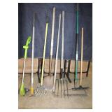 Set of 10 Garden Tools Including Rakes, Shovels, and More