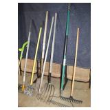 Set of 10 Garden Tools Including Rakes, Shovels, and More