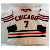 Chris Chelios Custom Chicago Blackhawks Hockey Jersey Size XL (Has Beckett COA Sticker, but no signature)