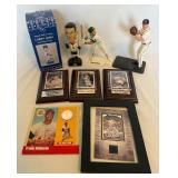 Lot of 9 Misc Sports Memorabilia - 2 Figures (Canseco and Maddux) 2 Bobbleheads (Gura and Comrie) 3 Plaques (Mantle, Morneau, Cuddyer) Robinson Coin, and Mussina Game Used Jersey Card
