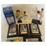 Lot of 9 Misc Sports Memorabilia - 2 Figures (Canseco and Maddux) 2 Bobbleheads (Gura and Comrie) 3 Plaques (Mantle, Morneau, Cuddyer) Robinson Coin, and Mussina Game Used Jersey Card