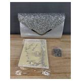 Brand New Glitter Silver Clutch and Fashion Jewelry Set