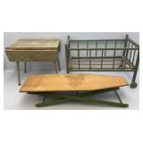 Antique Kids Doll Crib, Ironing Board & Small Drop Leaf Table