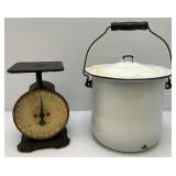 Vintage Enamaled Diaper Pail (With Paper Label) & Columbia Scale