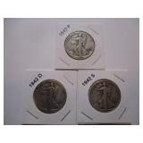 1942 P, D and S Walking Liberty Half Dollars (3)