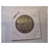 1907-D Barber Head Silver Half Dollar
