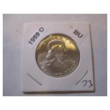 1959-D Franklin Silver Half Dollar from original bank roll - Excellent Condition