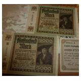 Francs, Marks, US notes and 1933 Duluth unemployment notes for 5 and 10 cents