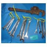 Lot of SAE wrenches and a pipe wrench