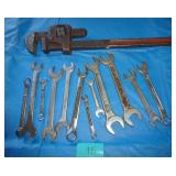 Lot of SAE wrenches and a pipe wrench