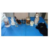 Hamms and Budweiser steins, golf club cover, Harley Davidson beer can