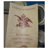 Hamms and Budweiser steins, golf club cover, Harley Davidson beer can