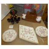 Vintage Thames Clown decanter with shot glasses, Vintage Leftons rose plate décor, chicken napkin holder with salt and pepper