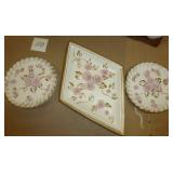 Vintage Thames Clown decanter with shot glasses, Vintage Leftons rose plate décor, chicken napkin holder with salt and pepper