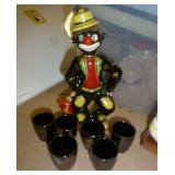 Vintage Thames Clown decanter with shot glasses, Vintage Leftons rose plate décor, chicken napkin holder with salt and pepper