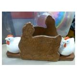 Vintage Thames Clown decanter with shot glasses, Vintage Leftons rose plate décor, chicken napkin holder with salt and pepper